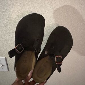 Birkenstock Dark Brown Suede Buckle Clog Sandals